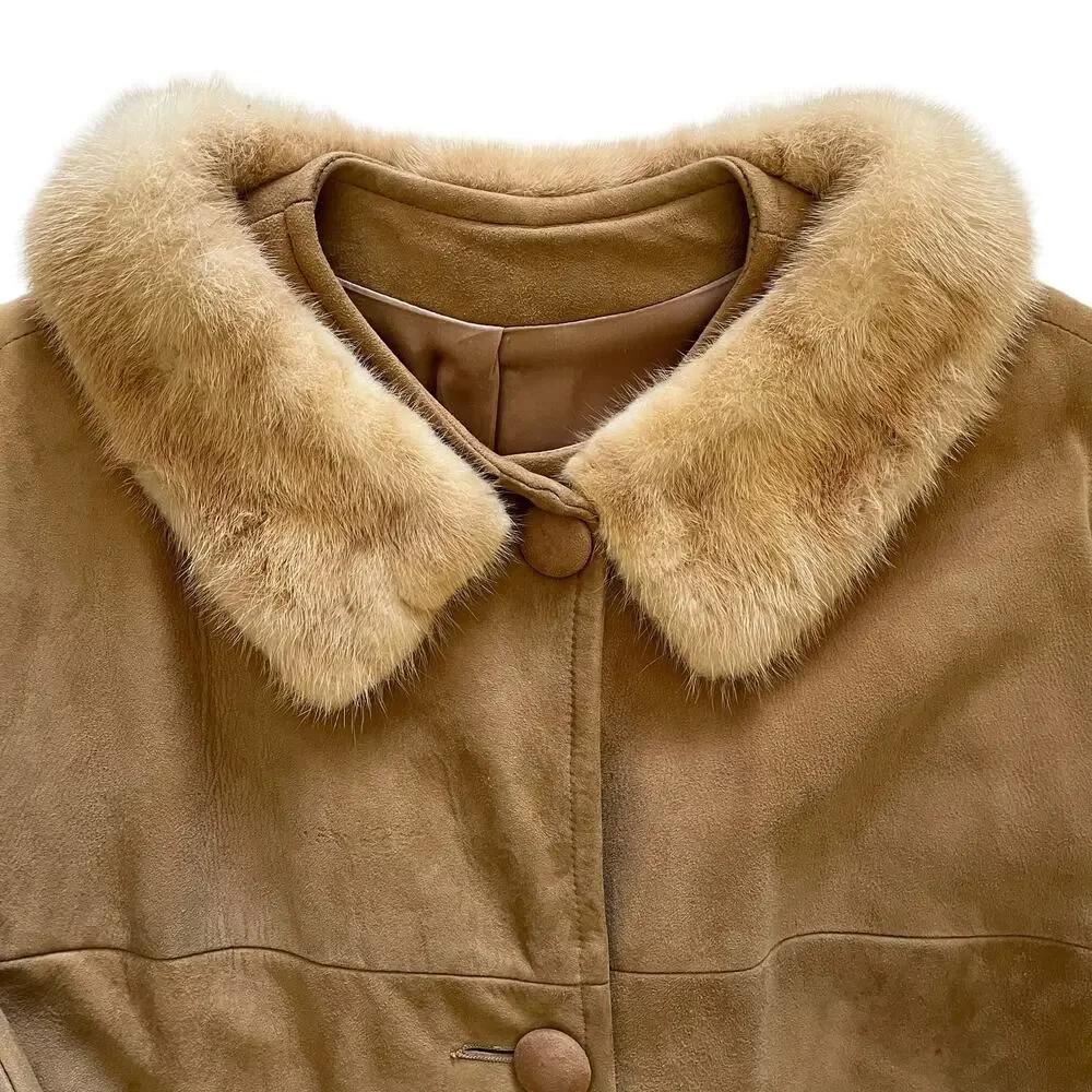 Vintage Suede Leather Car Coat with Palomino Blonde Mink Fur Stole Collar
